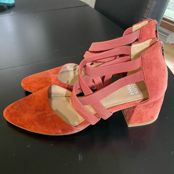 Eileen Fisher Cayenne Juku Suede Low Strappy Pumps heels shoes Sz 7.5 rust - Picture 4 of 9